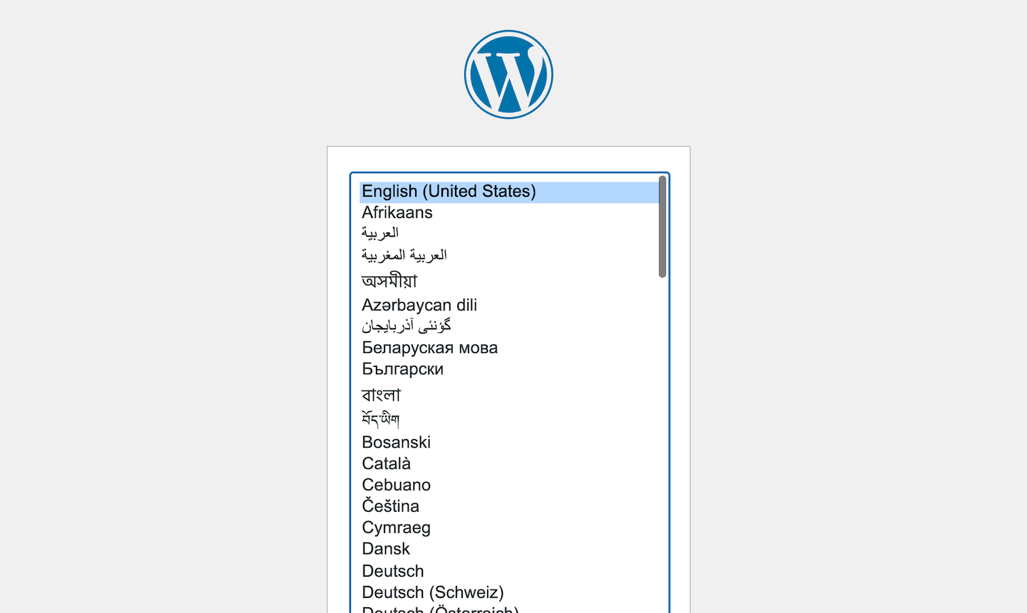WordPressの言語選択画面